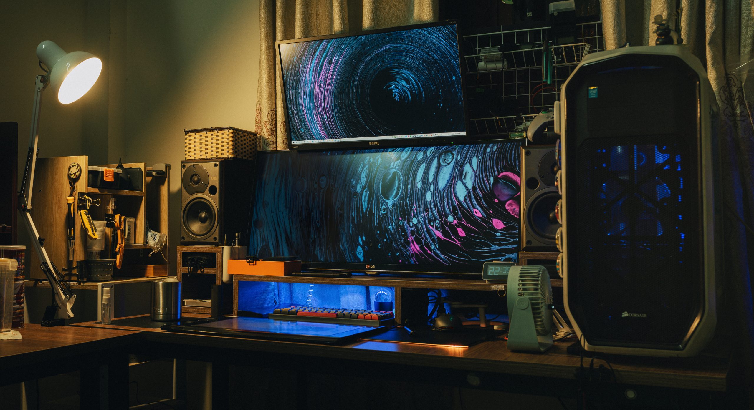 Home studio with modern professional audio equipment and monitors